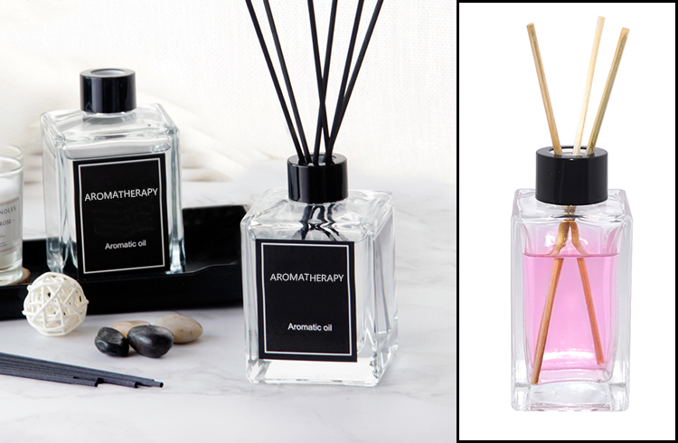 higher end 140ml transparent square cosmetic glass aroma diffuser bottle with golden aluminium cap