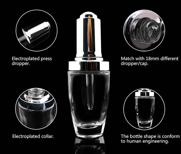 30ml cosmetic glass essence press dropper bottle