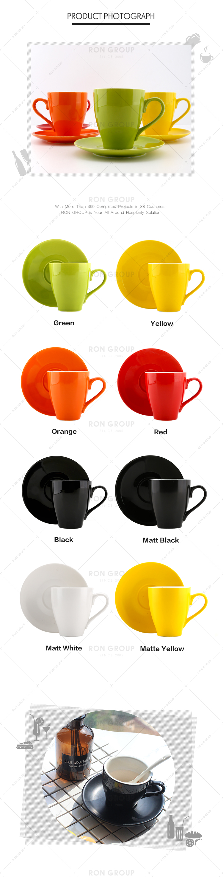 Coffee shop restaurant simple black color porcelain tea cups plates