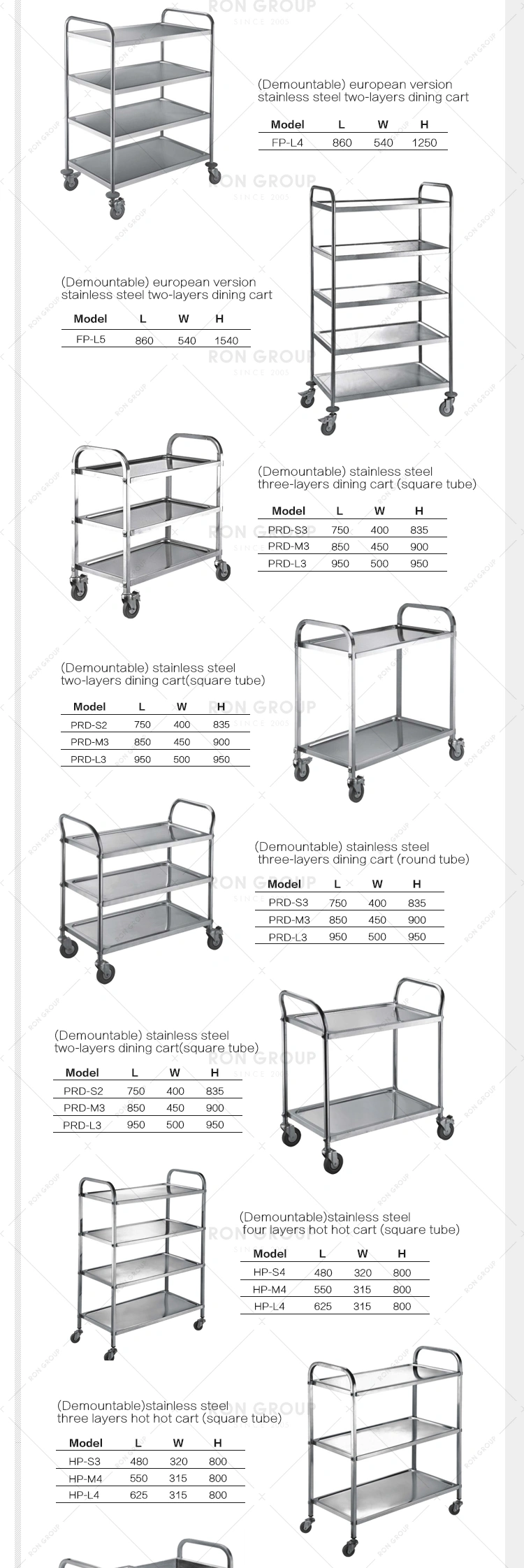 Restaurant 2 Tier stainless steel kitchen service trolley with wheels