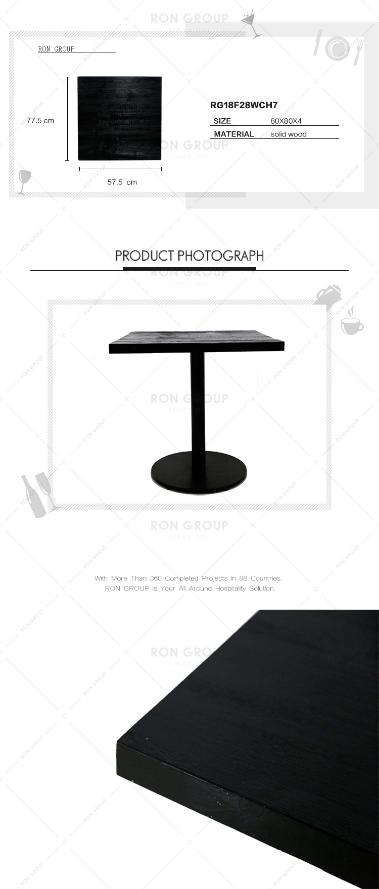 Custom restaurant industrial black color square solid wood table top