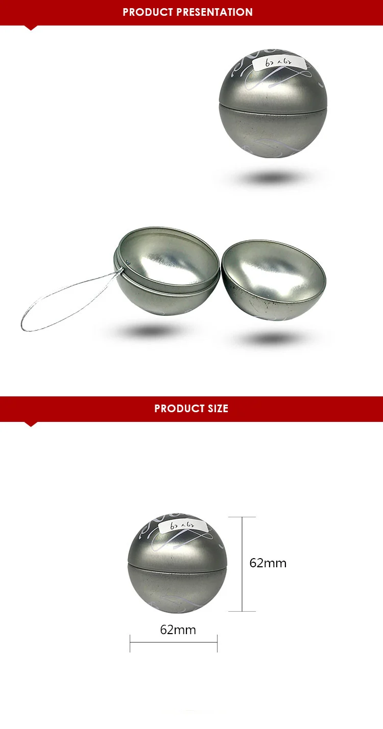 Silver metal christmas gift boxes custom design ball shape tin box with ribbon