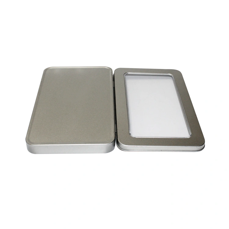 Silver plain rectangular metal packaging box with PVC window cover