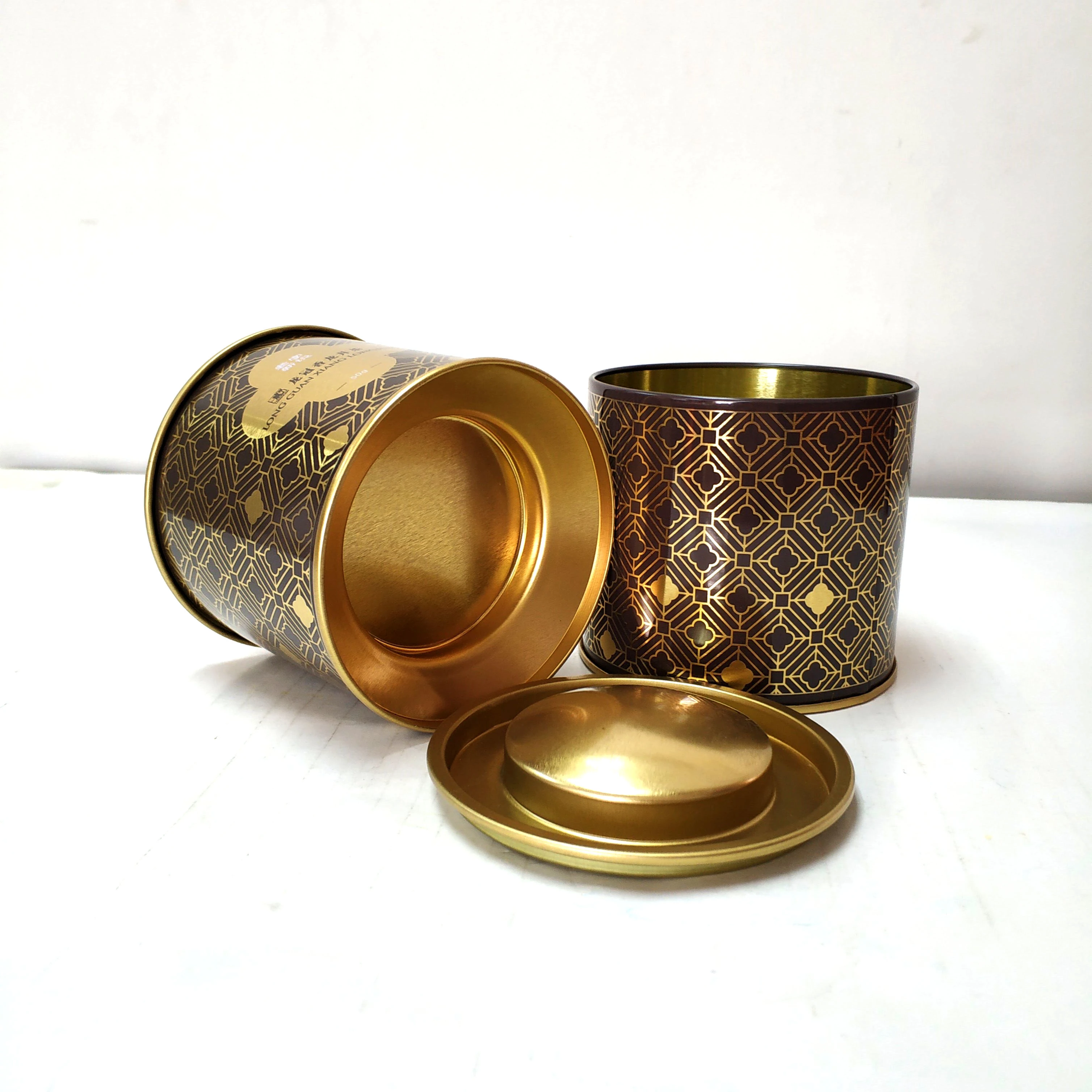 Classic gold color metal tea tin custom rounded high quality tea tin box