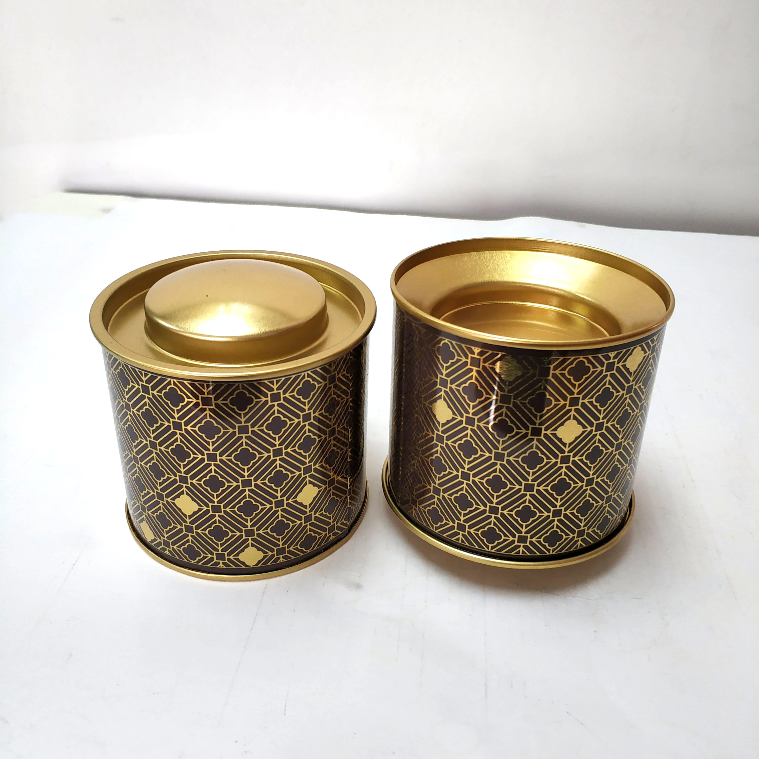 Classic gold color metal tea tin custom rounded high quality tea tin box