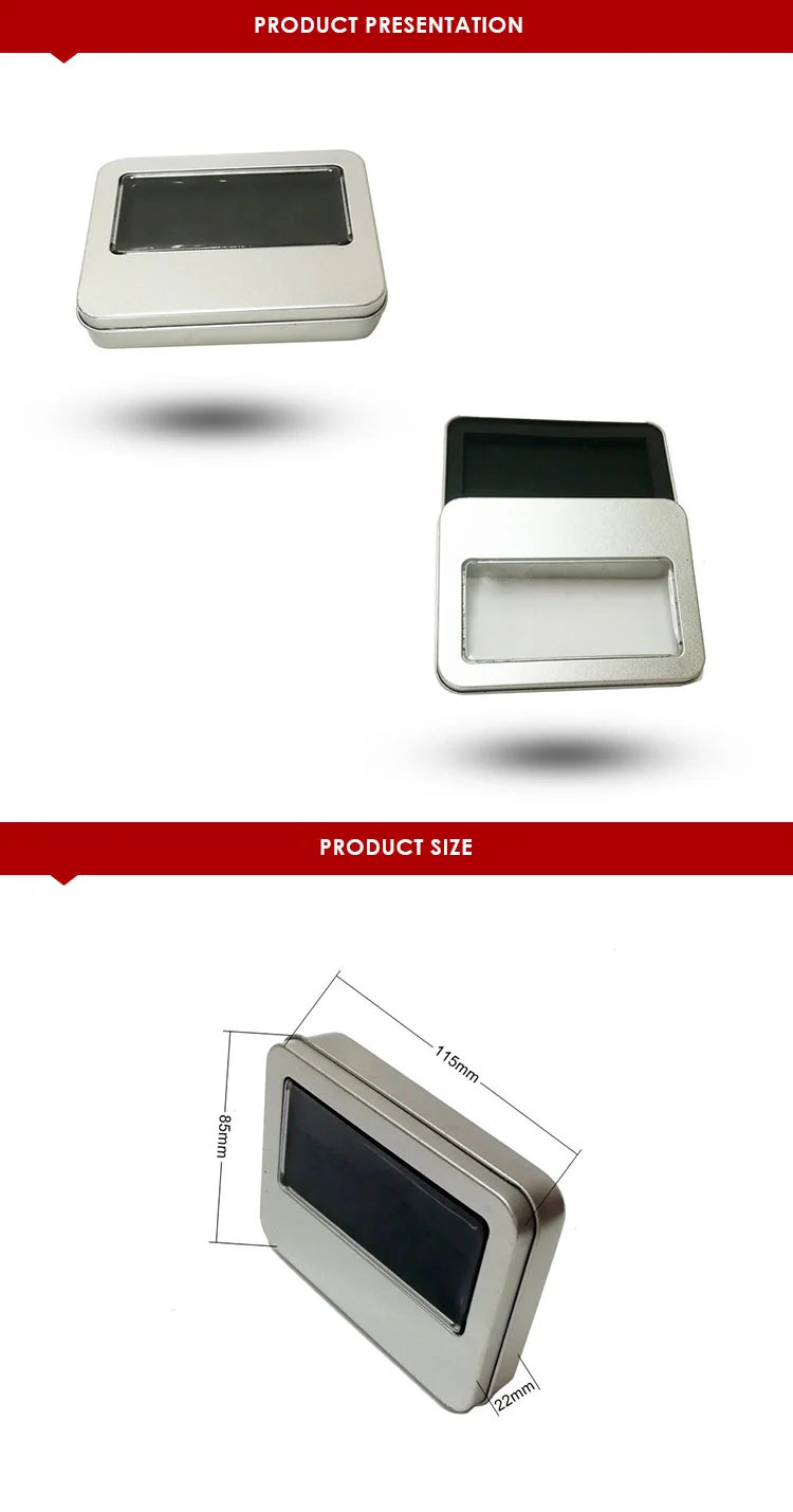 Promotional small gift tin packaging box with PVC window silver metal tin box