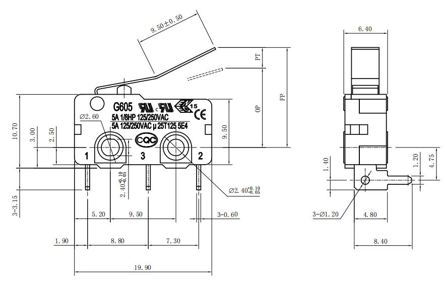 dpdt miniature micro switch drawing