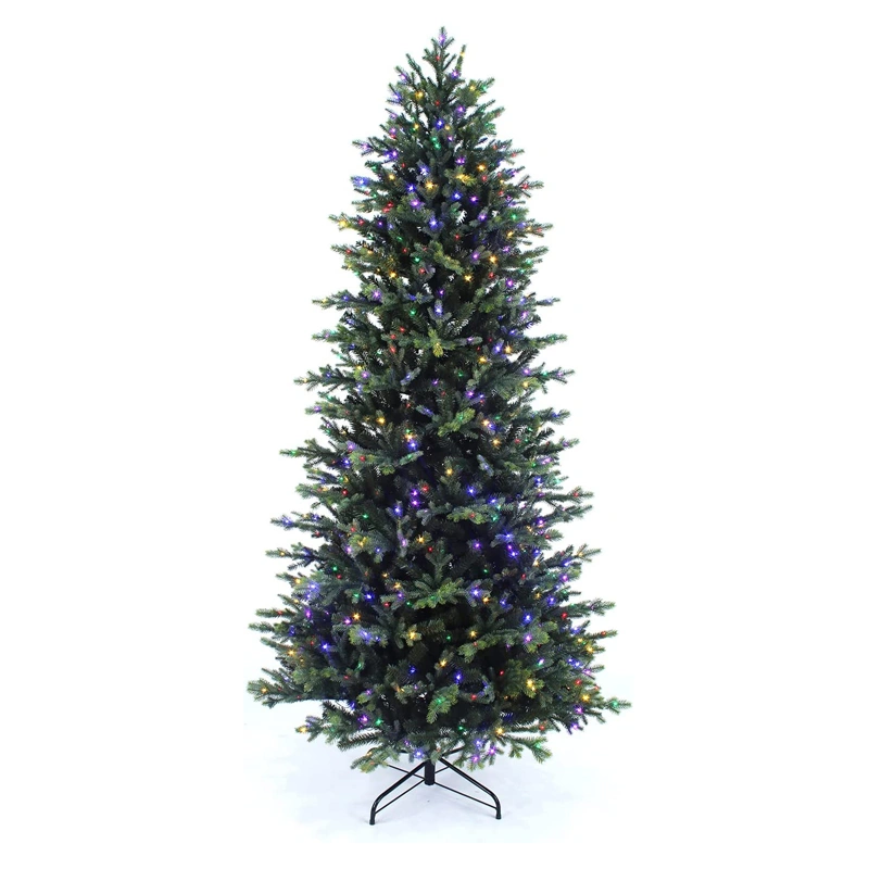 7.5ft (228cm) Pre-Lit Christmas Tree TCH10875-3838: PE+PVC material, 800 multi-color lights, 3838 tips. Realistic festive decor for home/commercial holiday use. Customizable color, export packaging. Sturdy metal stand. Ideal 2026 Christmas decoration.