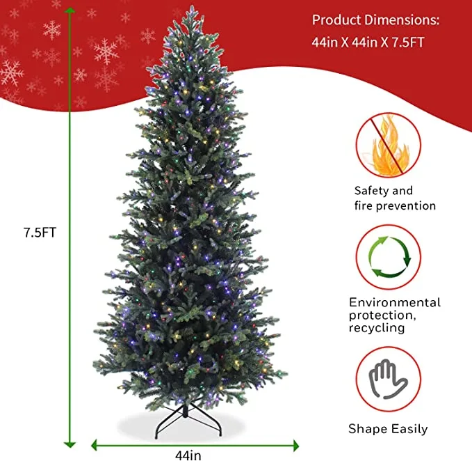 7.5ft (228cm) Pre-Lit Christmas Tree TCH10875-3838: PE+PVC material, 800 multi-color lights, 3838 tips. Realistic festive decor for home/commercial holiday use. Customizable color, export packaging. Sturdy metal stand. Ideal 2026 Christmas decoration.