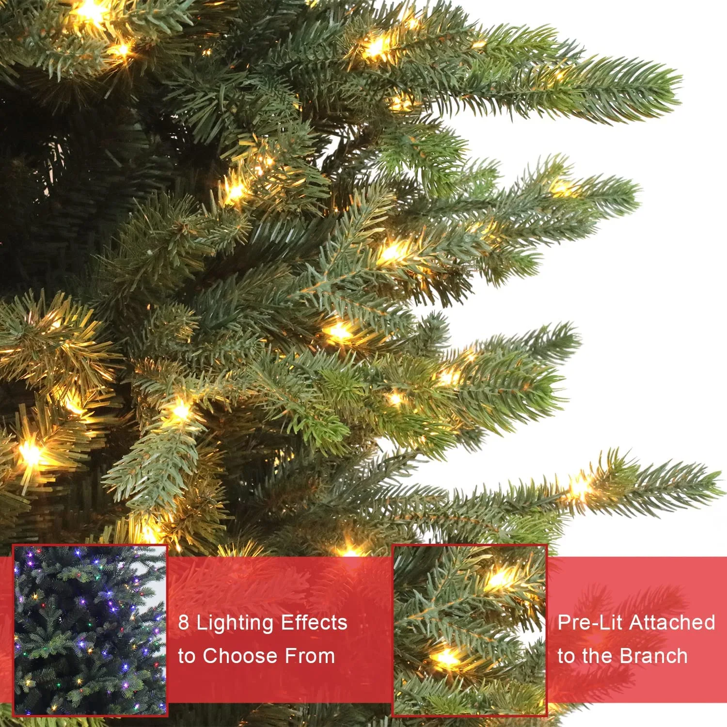 7.5ft (228cm) Pre-Lit Christmas Tree TCH10875-3838: PE+PVC material, 800 multi-color lights, 3838 tips. Realistic festive decor for home/commercial holiday use. Customizable color, export packaging. Sturdy metal stand. Ideal 2026 Christmas decoration.