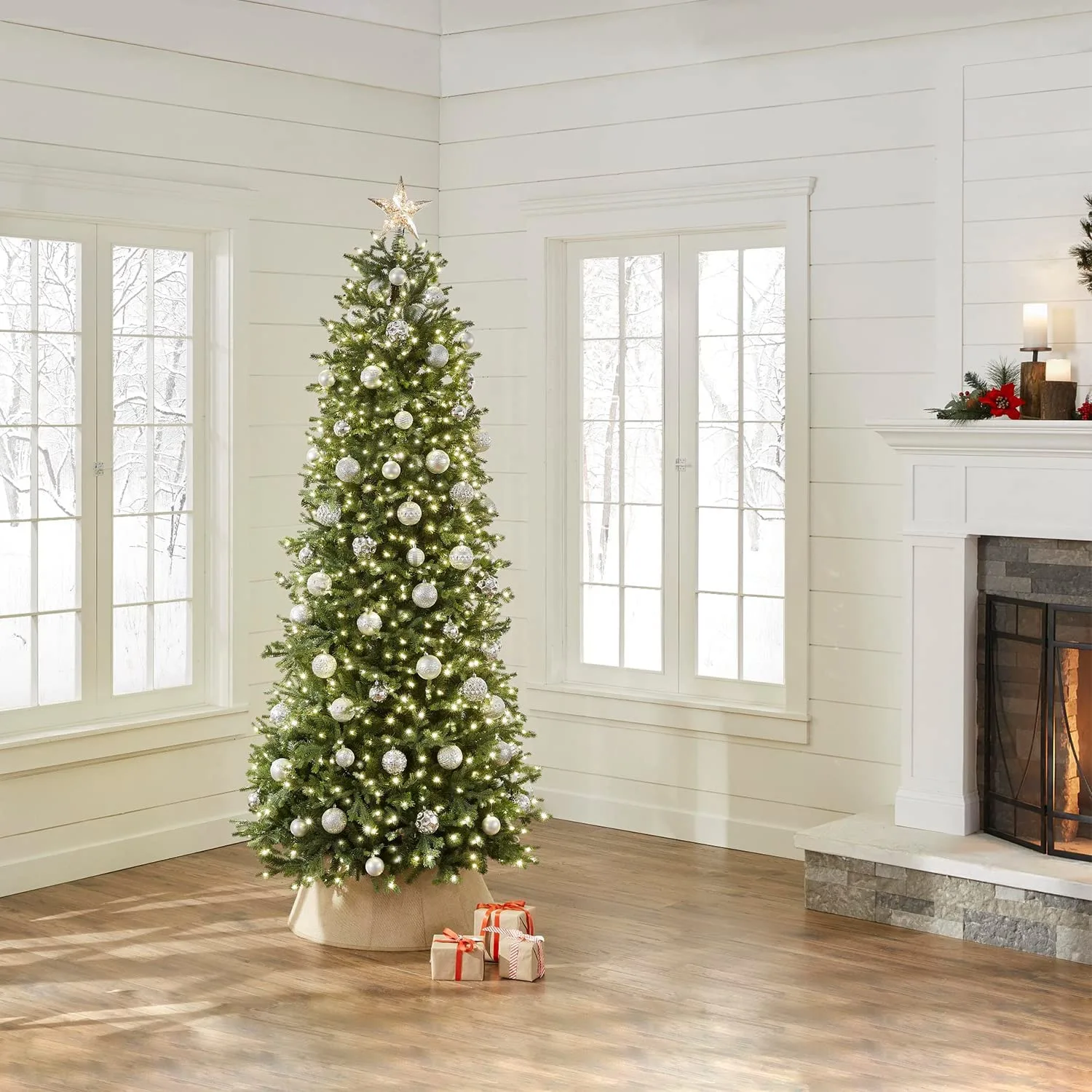 7.5ft (228cm) Pre-Lit Christmas Tree TCH10875-3838: PE+PVC material, 800 multi-color lights, 3838 tips. Realistic festive decor for home/commercial holiday use. Customizable color, export packaging. Sturdy metal stand. Ideal 2026 Christmas decoration.