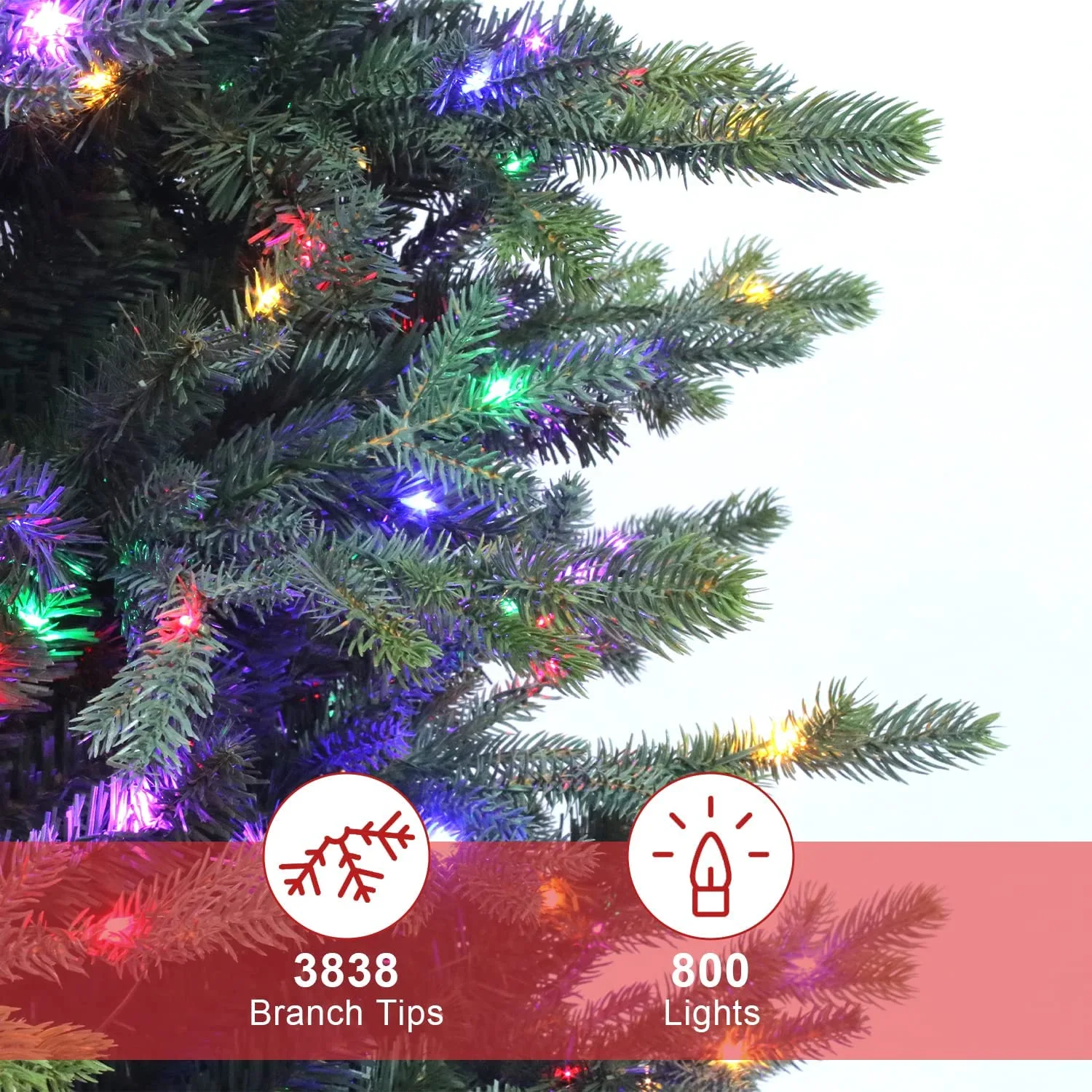 7.5ft (228cm) Pre-Lit Christmas Tree TCH10875-3838: PE+PVC material, 800 multi-color lights, 3838 tips. Realistic festive decor for home/commercial holiday use. Customizable color, export packaging. Sturdy metal stand. Ideal 2026 Christmas decoration.