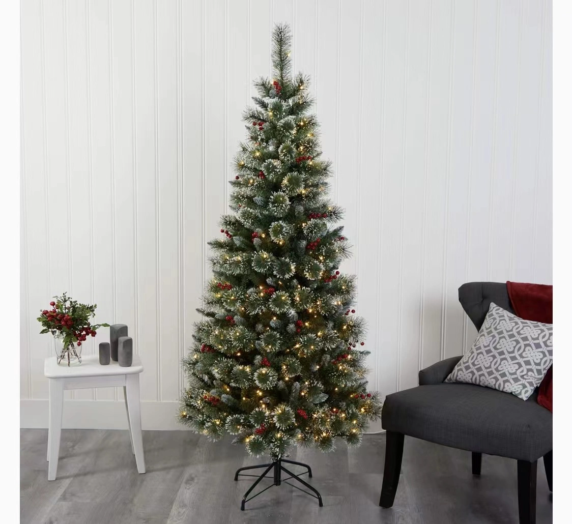 180cm (6ft) Flocked Artificial Christmas Tree with PVC & Pencil Needles, Red Berries & Lights. Sturdy metal stand, lifelike snowy design—ideal for home holiday decoration. Low-maintenance, no needle cleanup. Perfect festive centerpiece for Christmas.
