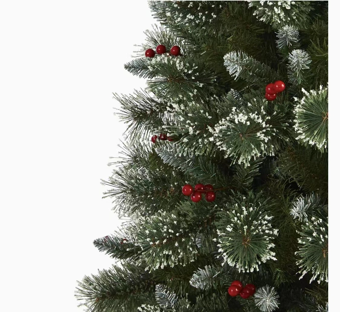 180cm (6ft) Flocked Artificial Christmas Tree with PVC & Pencil Needles, Red Berries & Lights. Sturdy metal stand, lifelike snowy design—ideal for home holiday decoration. Low-maintenance, no needle cleanup. Perfect festive centerpiece for Christmas.