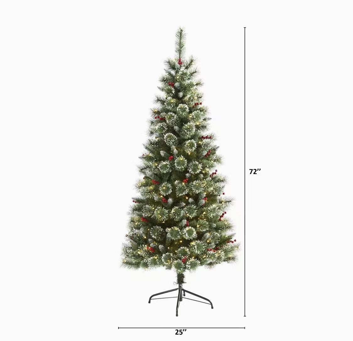 180cm (6ft) Flocked Artificial Christmas Tree with PVC & Pencil Needles, Red Berries & Lights. Sturdy metal stand, lifelike snowy design—ideal for home holiday decoration. Low-maintenance, no needle cleanup. Perfect festive centerpiece for Christmas.