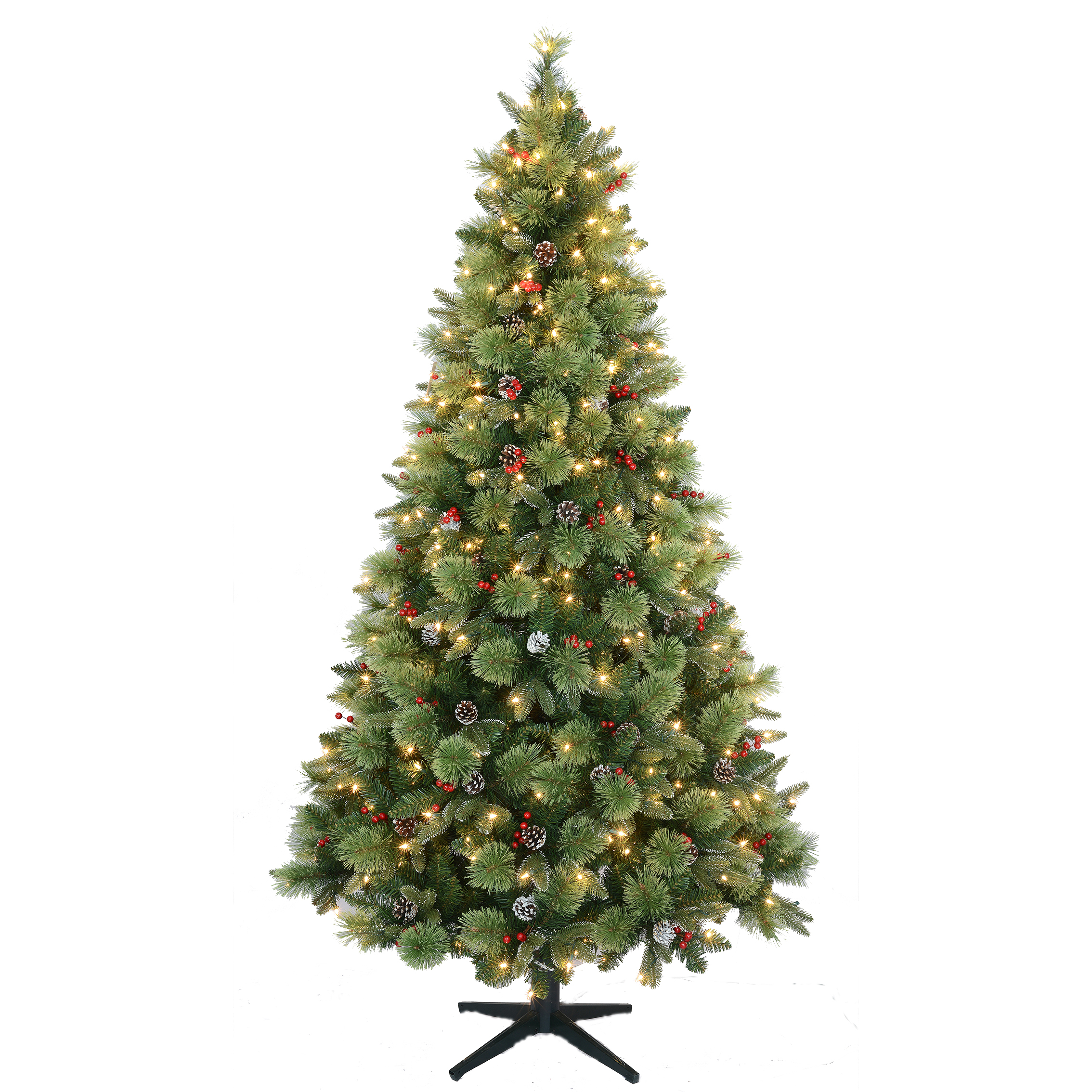 230cm (7.5ft) Pre-Lit Artificial Christmas Tree: 1547 PVC/PE/pine needle tips, 550 LEDs, 130cm diameter, pine cones/berries. Custom height, GuangDong origin, samples 3-7 days. Perfect for home/party holiday decor—reusable, festive Xmas tree.