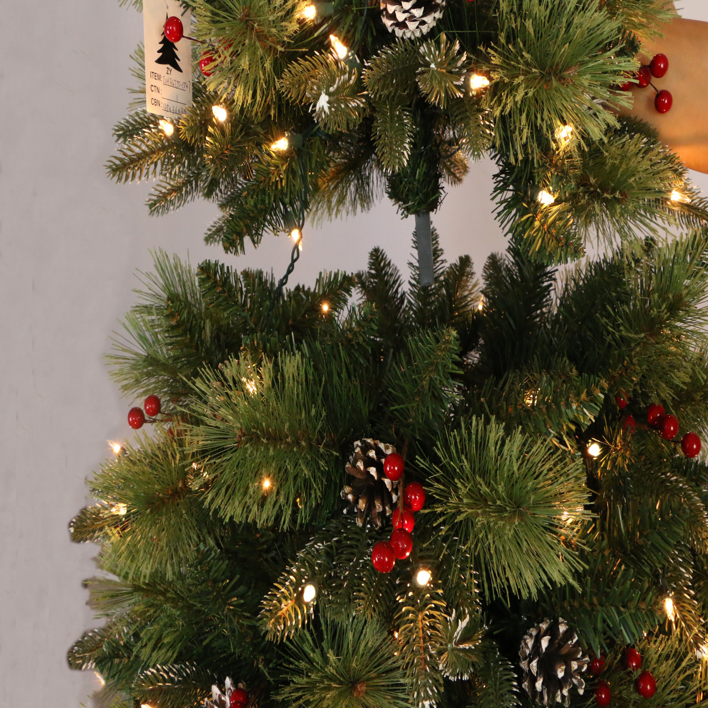 230cm (7.5ft) Pre-Lit Artificial Christmas Tree: 1547 PVC/PE/pine needle tips, 550 LEDs, 130cm diameter, pine cones/berries. Custom height, GuangDong origin, samples 3-7 days. Perfect for home/party holiday decor—reusable, festive Xmas tree.