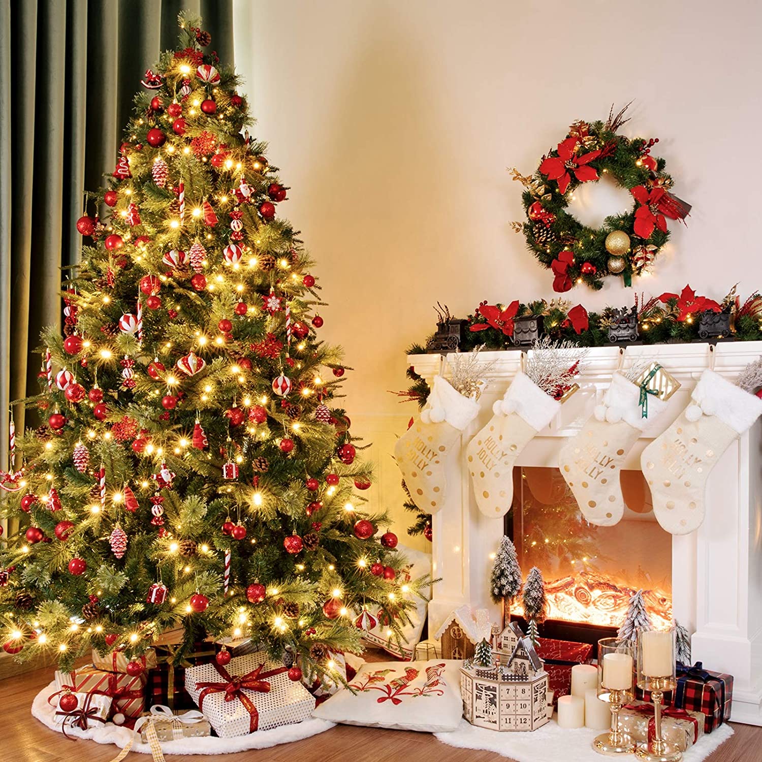 180cm (6ft) Pre-Lit Artificial Christmas Tree: Lifelike PE/PVC pine needles, 400 warm LED lights, pine cones & red berries. Sturdy metal stand, ideal for home/party holiday decor. Reusable, no needle cleanup. Shop this festive 180cm Xmas tree for cozy Christmas vibes.