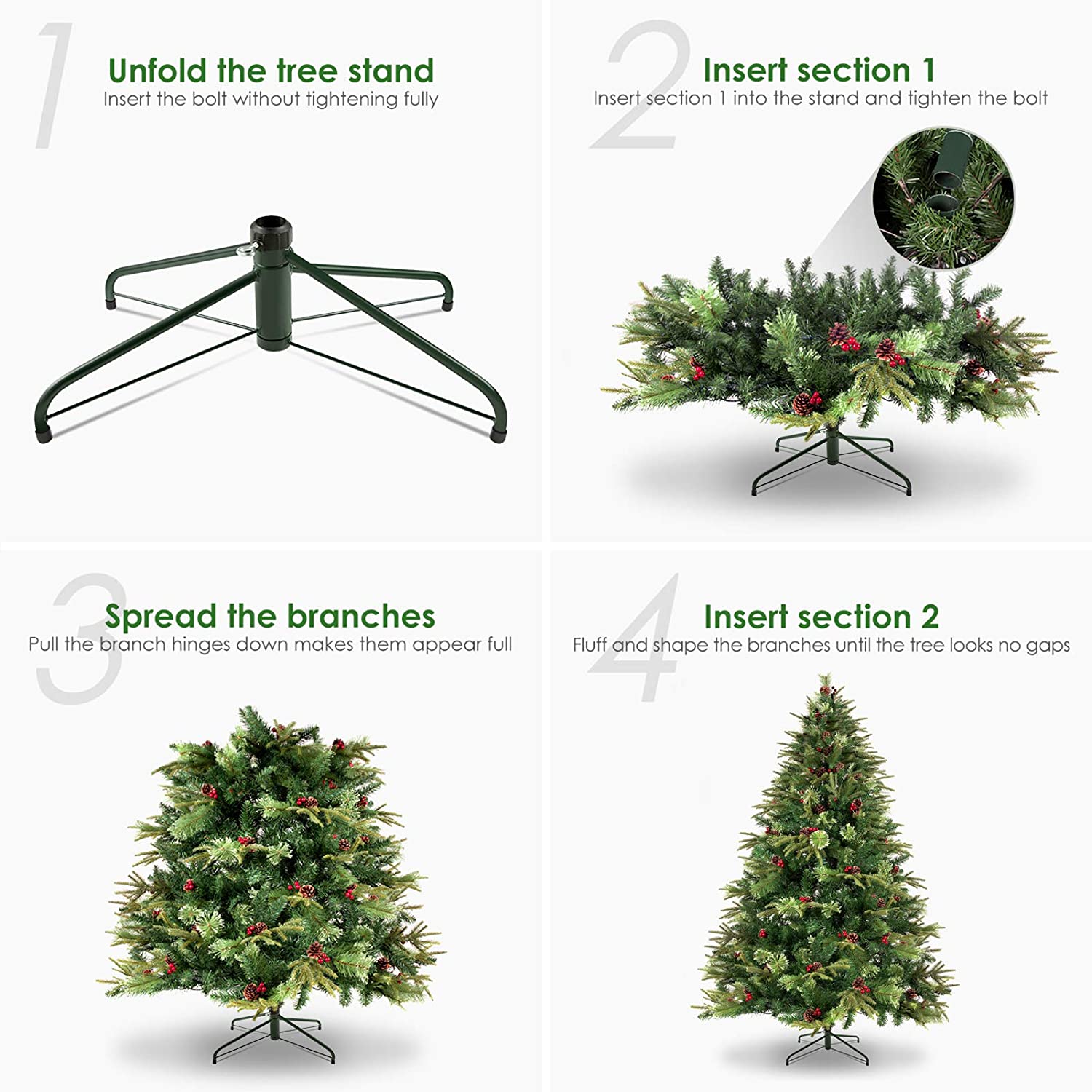 180cm (6ft) Pre-Lit Artificial Christmas Tree: Lifelike PE/PVC pine needles, 400 warm LED lights, pine cones & red berries. Sturdy metal stand, ideal for home/party holiday decor. Reusable, no needle cleanup. Shop this festive 180cm Xmas tree for cozy Christmas vibes.