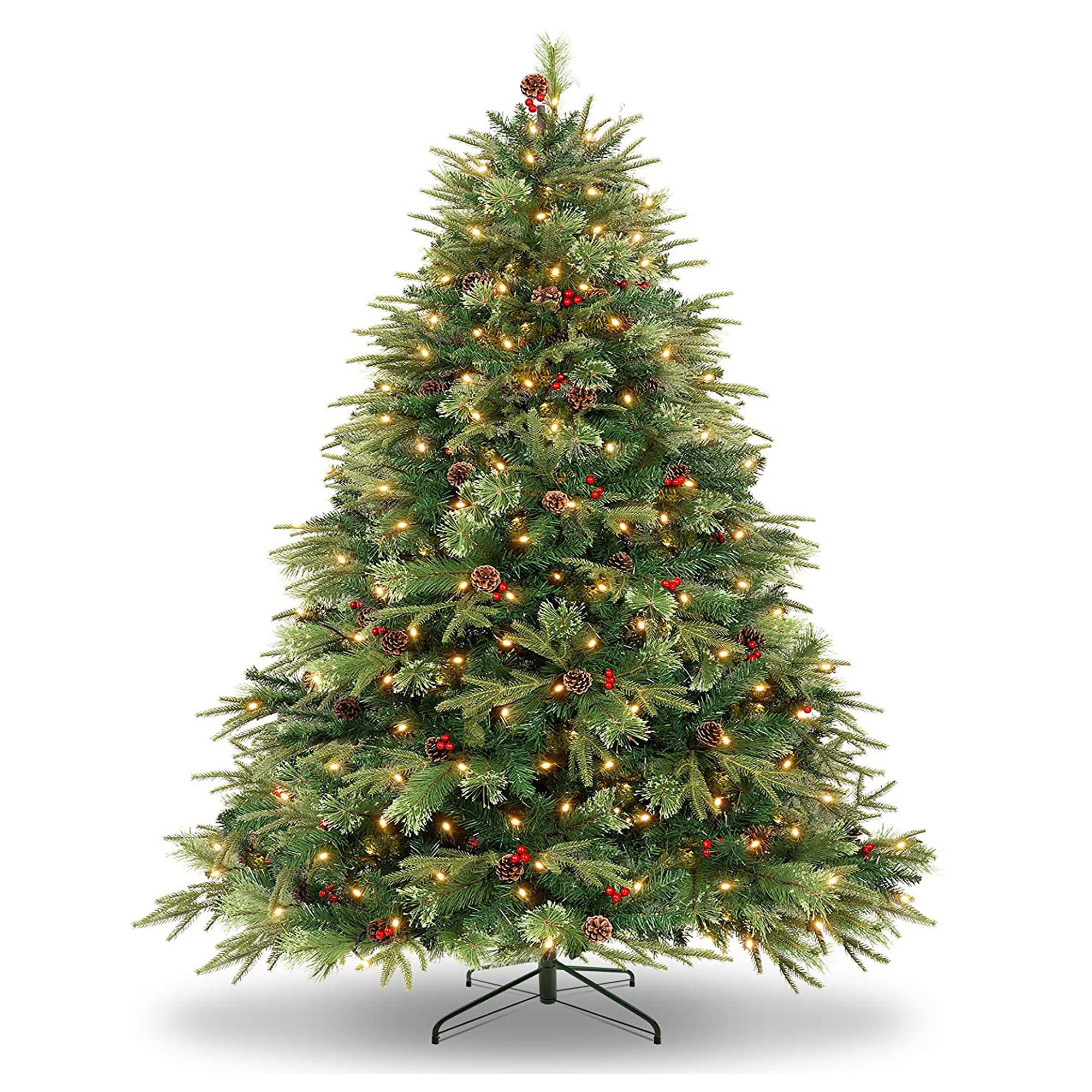 180cm (6ft) Pre-Lit Artificial Christmas Tree: Lifelike PE/PVC pine needles, 400 warm LED lights, pine cones & red berries. Sturdy metal stand, ideal for home/party holiday decor. Reusable, no needle cleanup. Shop this festive 180cm Xmas tree for cozy Christmas vibes.