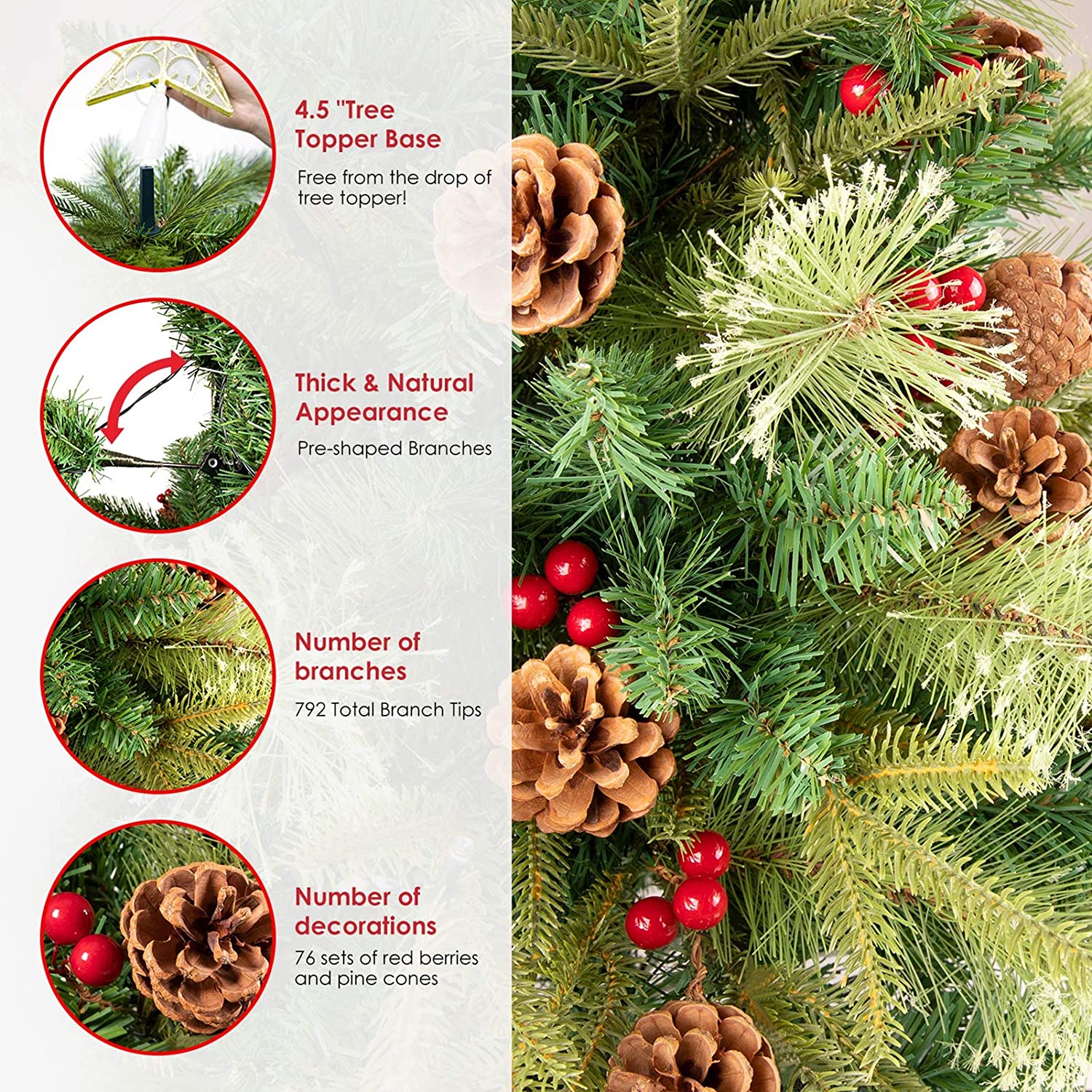 180cm (6ft) Pre-Lit Artificial Christmas Tree: Lifelike PE/PVC pine needles, 400 warm LED lights, pine cones & red berries. Sturdy metal stand, ideal for home/party holiday decor. Reusable, no needle cleanup. Shop this festive 180cm Xmas tree for cozy Christmas vibes.