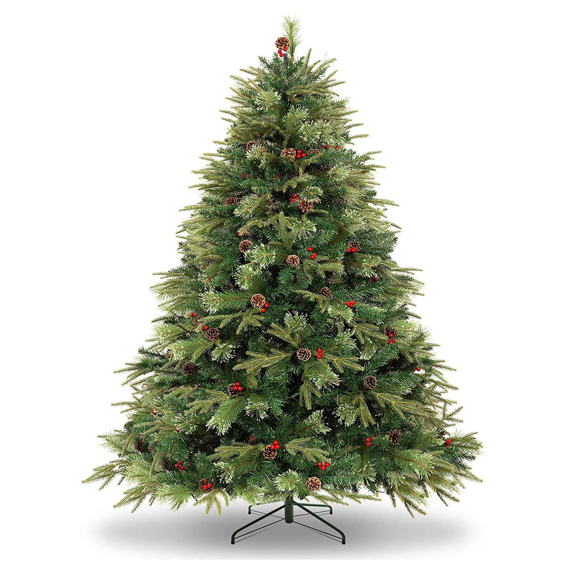 180cm (6ft) Pre-Lit Artificial Christmas Tree: Lifelike PE/PVC pine needles, 400 warm LED lights, pine cones & red berries. Sturdy metal stand, ideal for home/party holiday decor. Reusable, no needle cleanup. Shop this festive 180cm Xmas tree for cozy Christmas vibes.