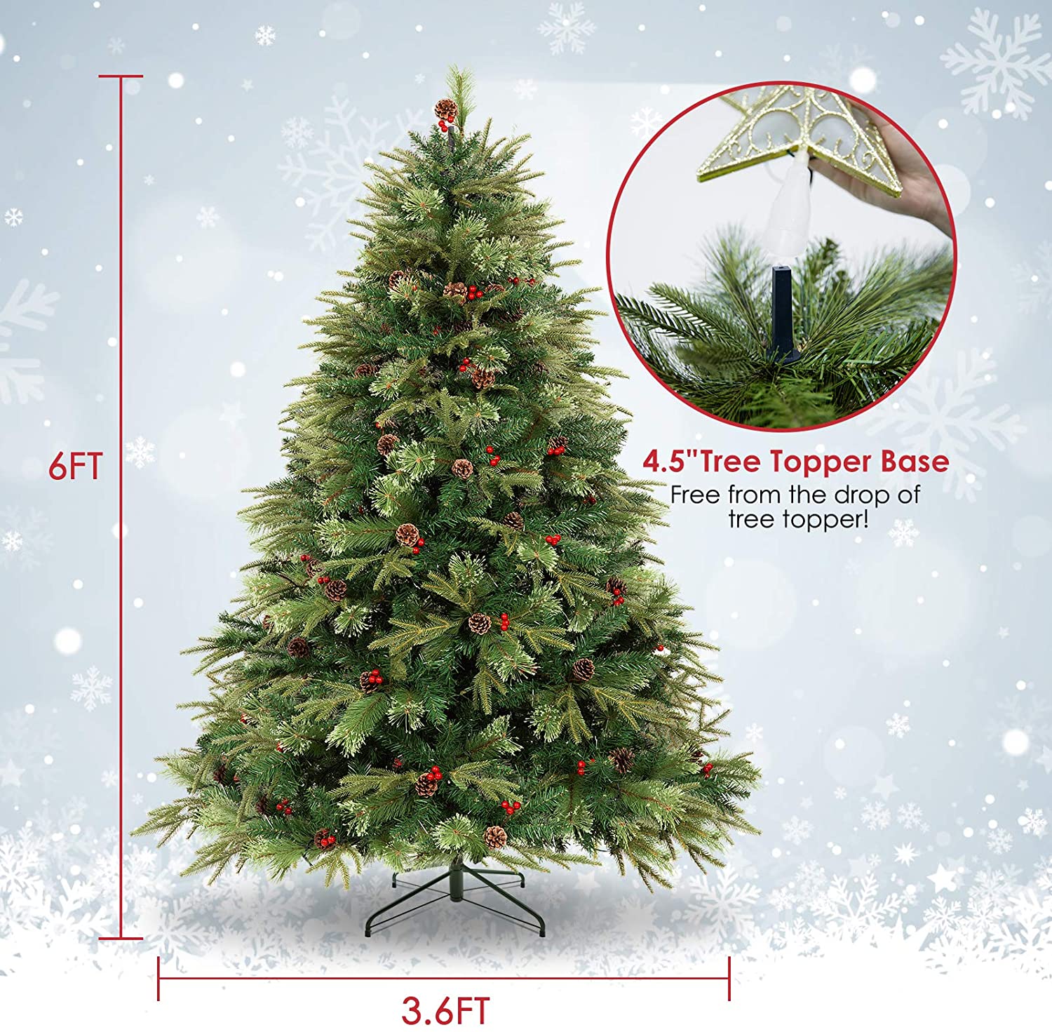 180cm (6ft) Pre-Lit Artificial Christmas Tree: Lifelike PE/PVC pine needles, 400 warm LED lights, pine cones & red berries. Sturdy metal stand, ideal for home/party holiday decor. Reusable, no needle cleanup. Shop this festive 180cm Xmas tree for cozy Christmas vibes.