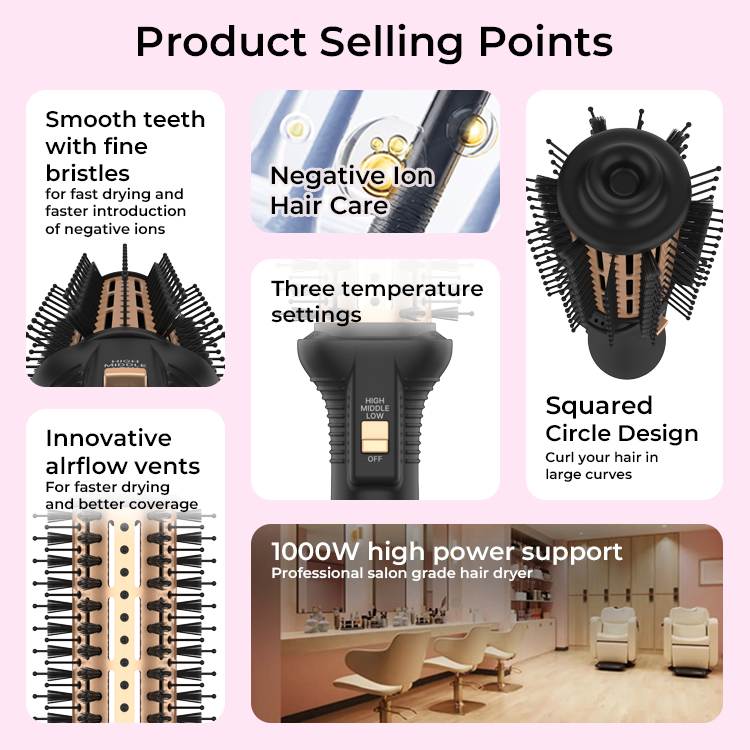hot round brush:Achieve salon-style volume and smooth curls with a hot round brush featuring fast heating, easy styling control, and frizz reduction. Perfect for creating bouncy blowouts, waves, and shiny hairstyles for all hair types.