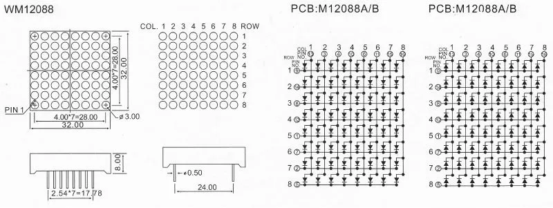 Led dot matrix display 3mm kem-12088-bsg 8x8 dot matrix LED display green led matrix