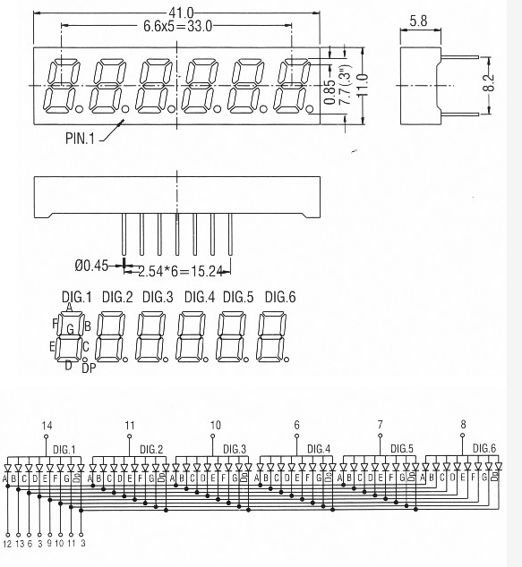 0.3 inch 7 segment display 6 digit